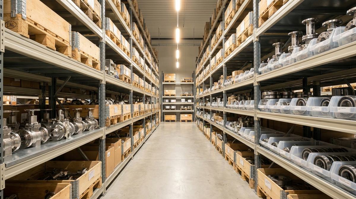 Spare parts warehouse with shelved stock